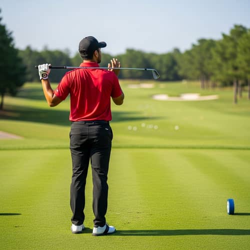 Hispanic Golfer in Intense Concentration at Golf Course