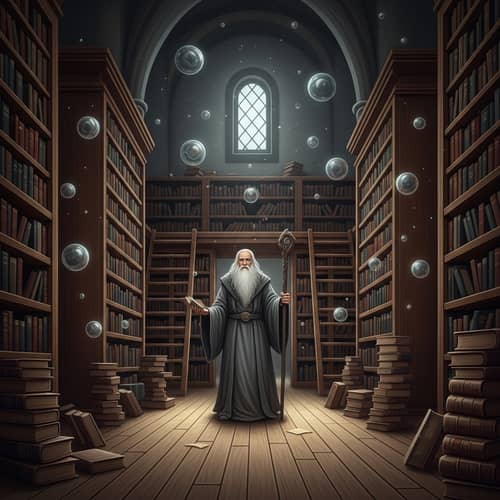 Elderly Wizard in Ancient Library | Mystical Scene with Books