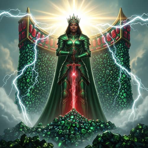 Emerald and Ruby Majesty: Black Woman in Armor on Gemstone Mountain