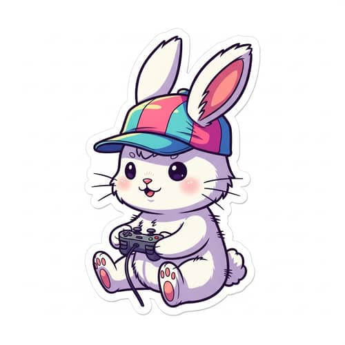 Cute Cartoon White Rabbit Gaming with Colorful Cap
