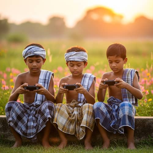 Diverse Young Boys in Traditional Lunghis Gaming in Colorful Setting