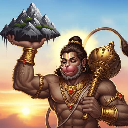 Hanuman: Powerful Monkey God Lifting a Mountain