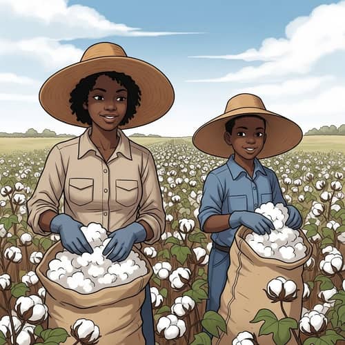 Young Black Mother & Son Harvesting Cotton | Family Farming Scene