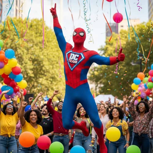 Joyful DC TEAM Superhero Characters at Festive Party
