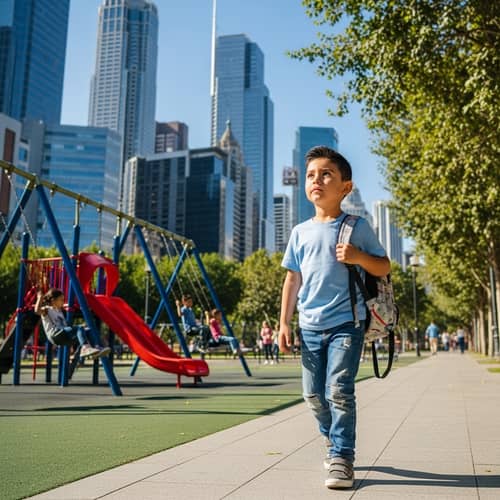 Young Hispanic Boy in United States - Paved Sidewalk Scene