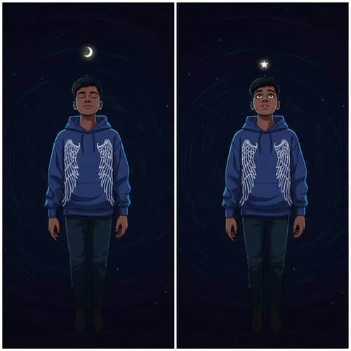 2D Illustrations of South Asian Teenage Boy with Illustrated Wings at Night