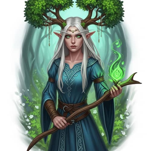 Half Elf Druid with White Blonde Hair in Blue Dress