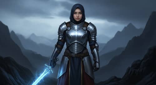 Brave Malay Teen Hijab Warrior with Blue Glowing Sword