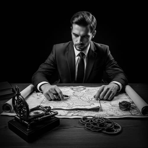Vintage Scholar Studying Ancient Map in Dramatic Setting