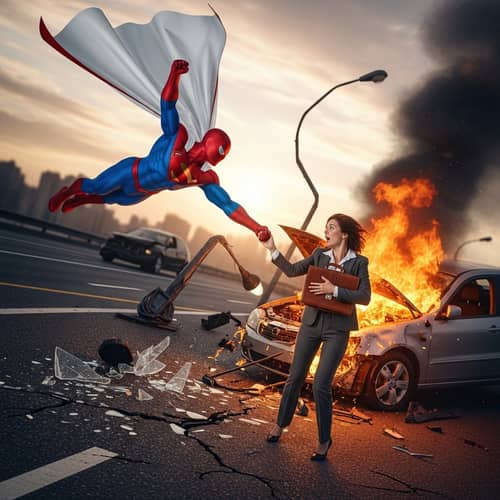 Superman Rescues Businesswoman from Flames in Roadway Accident