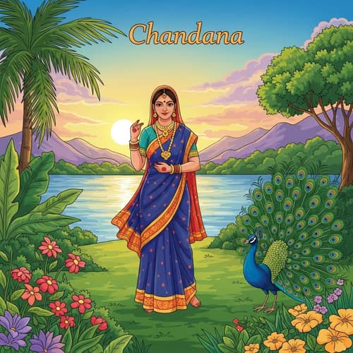 Serene Riverbank Landscape with Indian Woman Chandana and Peacock