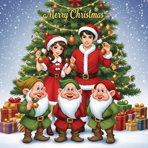 Festive Christmas Scene with Dwarves and Joyful Characters