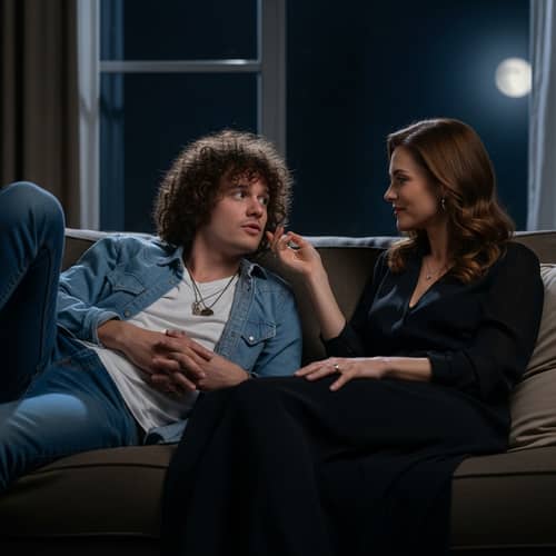 Nighttime Scene of Man and Woman in Intimate Conversation