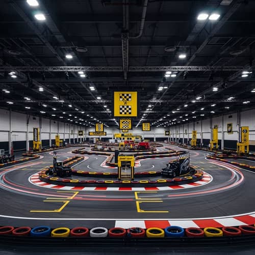 Indoor Go-Karting Track with Vibrant Neon Racing Circuits