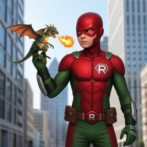 Youthful Superhero with Mini-Draco in Modern Cityscape