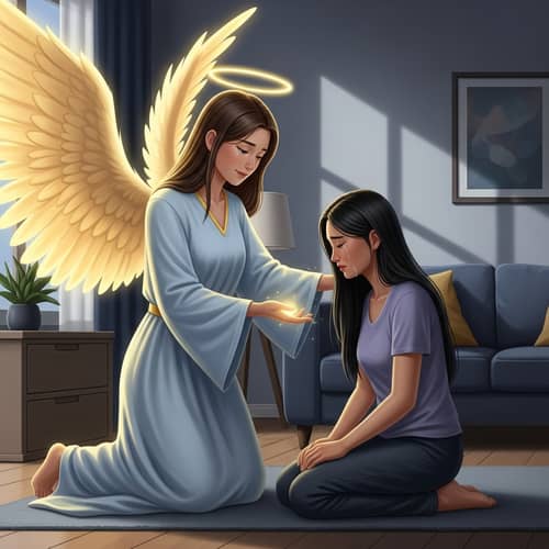 Glowing Angel Comforting Grieving Person in Contemporary Living Room