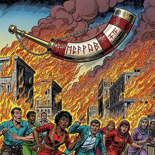 Apocalyptic Scene: Fiery Buildings, Runic Horn & Fleeing People