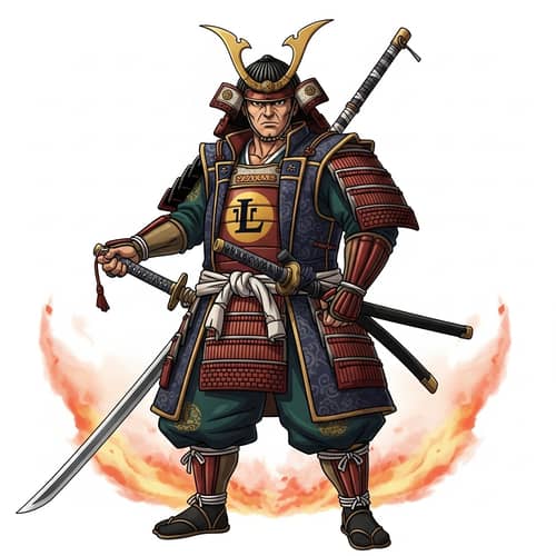 Muscular Samurai Man in Anime Style with 'L' Emblem
