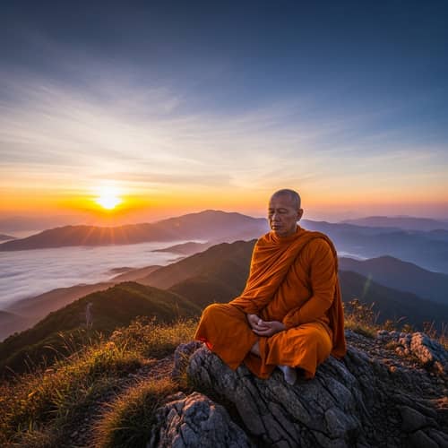 Serene Monk Meditating at Mountain Peak | Spiritual Tranquility