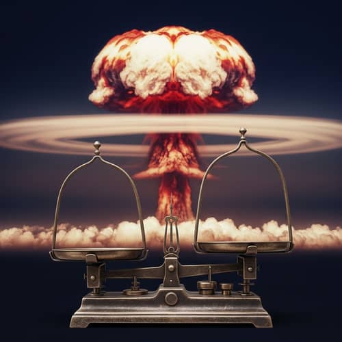 Antique Trading Scales & Nuclear Mushroom Cloud Illustration