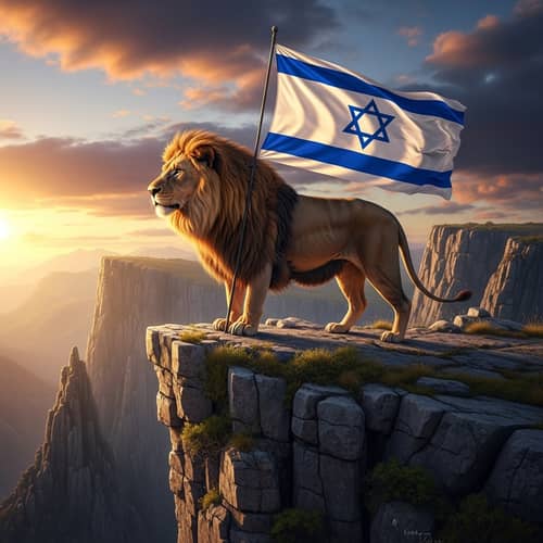 Majestic Lion on Cliff with Wind-tossed Flag