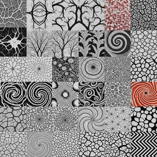 Unique Natural Patterns Collage: Symmetry, Trees, Spirals & More