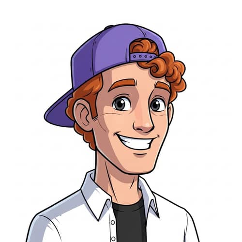 Friendly Male AI Robot with Curly Hair and Purple Snapback Hat