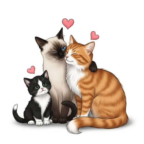 Adorable Tuxedo Kitten and Affectionate Sisters Illustration