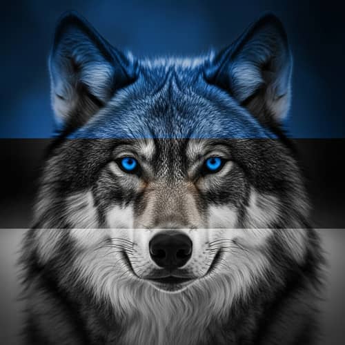 Close-up Portrait of Wolf with Mesmerizing Blue Eyes | Estonian Flag