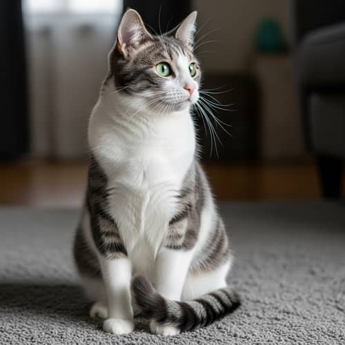Fluffy White and Grey Domestic Cat with Green Eyes