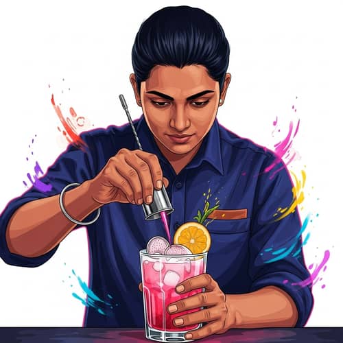 Skilled South Asian Mixologist Crafting Vibrant Cocktail