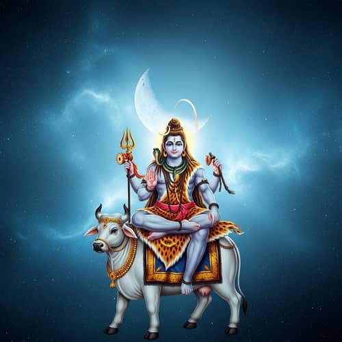 Lord Shiva Seated on Nandi | Celestial Blue Cosmic Background