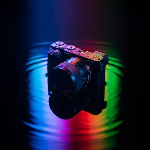 Colorful Lights Illuminating Sony A6300 Camera Floating on Water