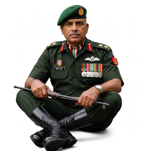 South Asian Military Veteran in Traditional Green Uniform with Service Medals