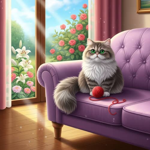 Fluffy Persian Cat on Lavender Sofa | Sunlit Garden View