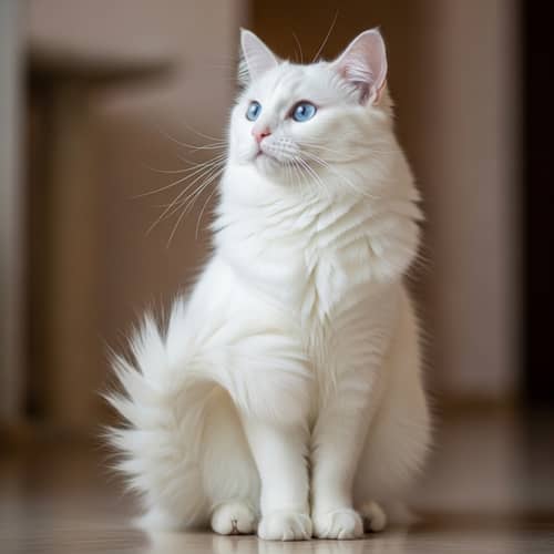 Graceful White Cat with Fluffy Tail - Curiosity and Anticipation