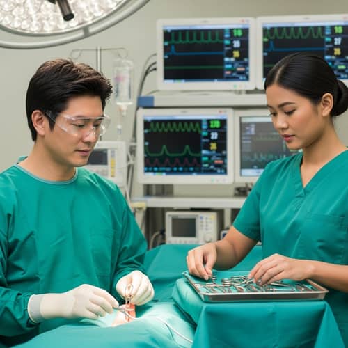 Professional Foot Surgery Room: East Asian Male Surgeon Prepares for Procedure