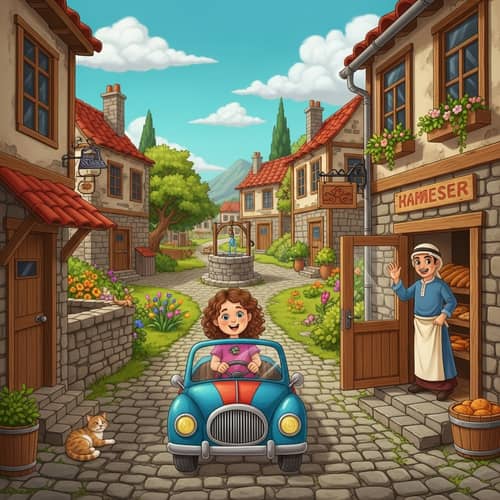 Young Girl Driving Colorful Vintage Car in Quaint Village