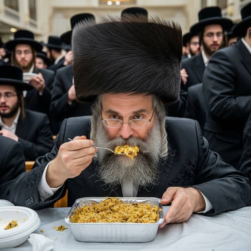Ultra Hasidic Bearded Rabbi Indulging in Kugel with Thousands of Chasidim