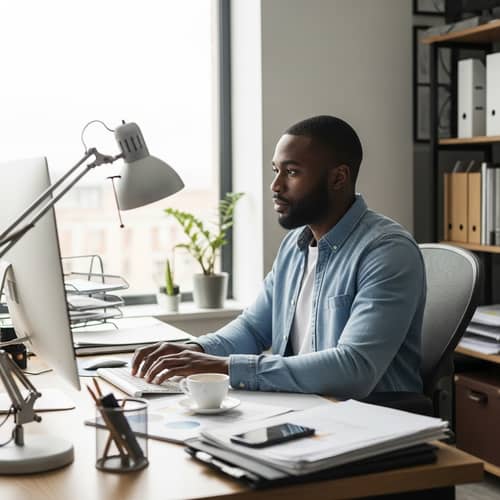 Modern Afro-American Man Working at Computer Desk