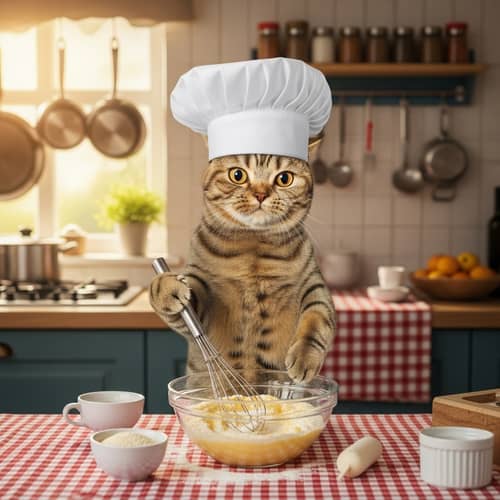 Cat Chef | Cooking Cat in Chef's Hat Whisking Cake Mix