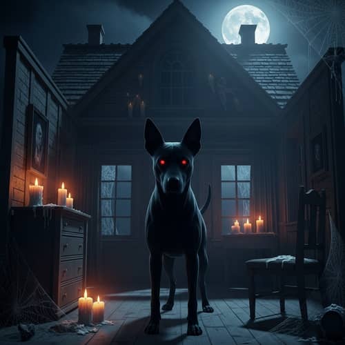 Eerie Haunted House with Ghostly Black Dog