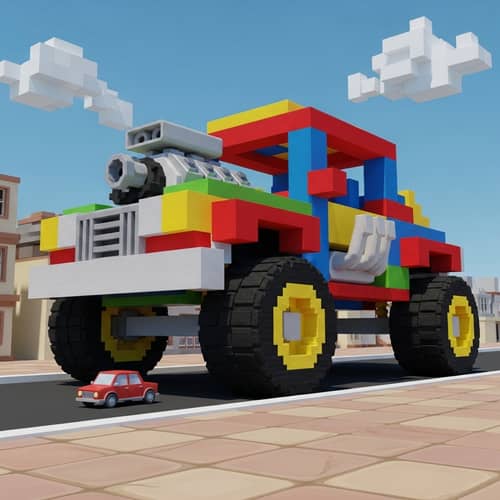 Exaggerated Blocky Vehicle in Sandbox Game Style
