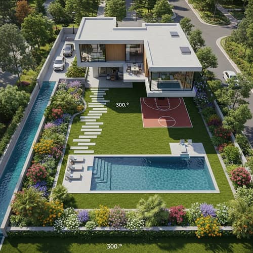 Modern 300 sqm Levitated House Plan with Garden, Pool, Basketball Court