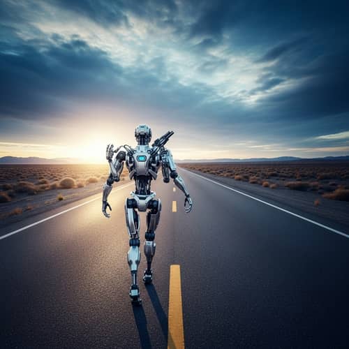Advanced Silver Robot Walking on Deserted Road - Post-Apocalyptic Future