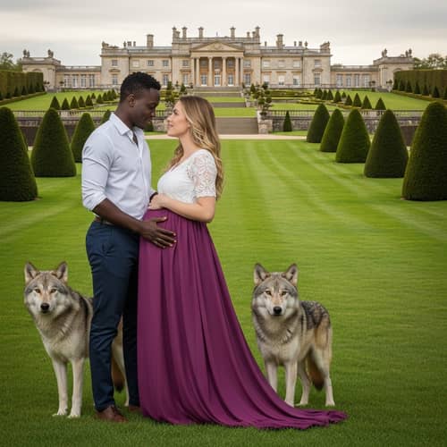 Romantic Pose of Man and Pregnant Woman with Wolves and Grand Mansion