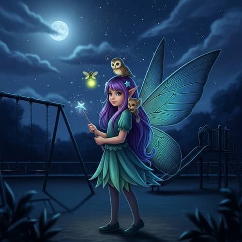 Vibrant Fairy Girl with Magical Wand on Nighttime Playground