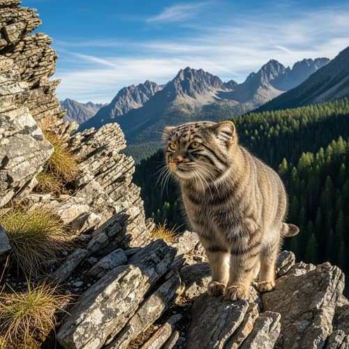 Wildcat Standing on Rocky Ledge in Mountain - Nature Landscape Photo
