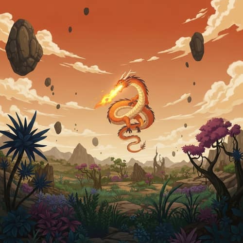 Mythical Anime-Inspired Landscape with Orange Dragon