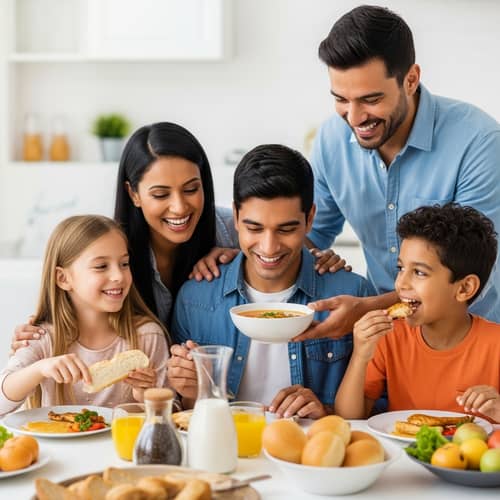 Diverse Family Meal: Hispanic Patriarch Serving Soup to South Asian Wife